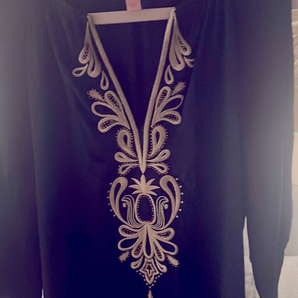 NWOT - ***STUNNING SILK NAVY LILLY DRESS WITH GOLD EMBROIDERY*** - Picture 4 of 5